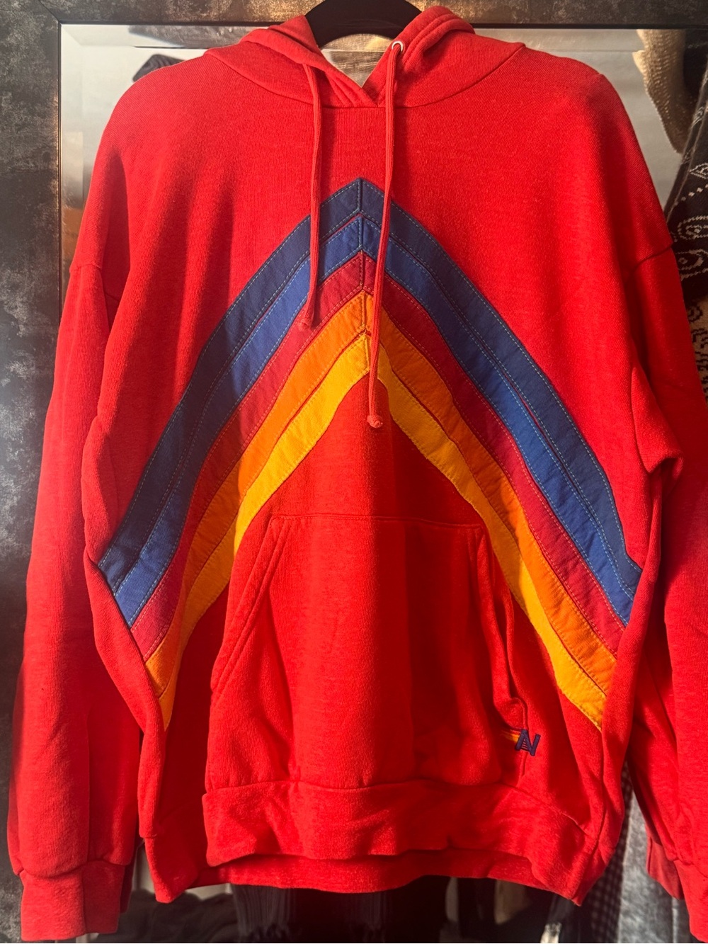 Aviator Nation Red Hoodie with Blue and Yellow Chevron